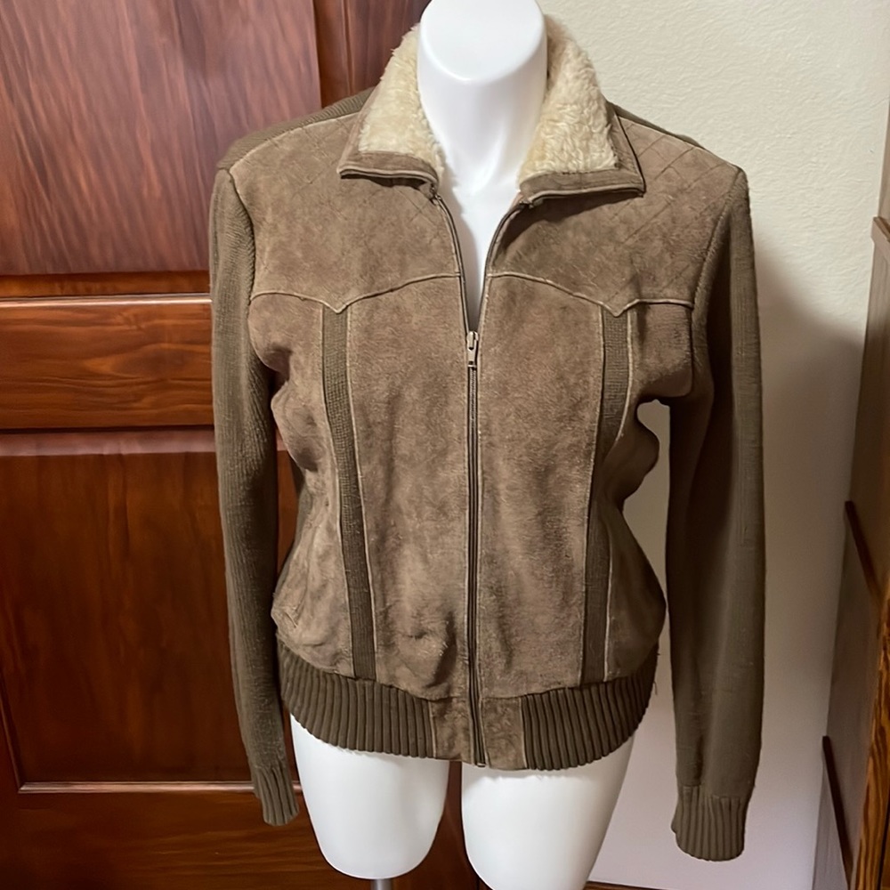 Landmark suede and knit bomber jacket, size L
